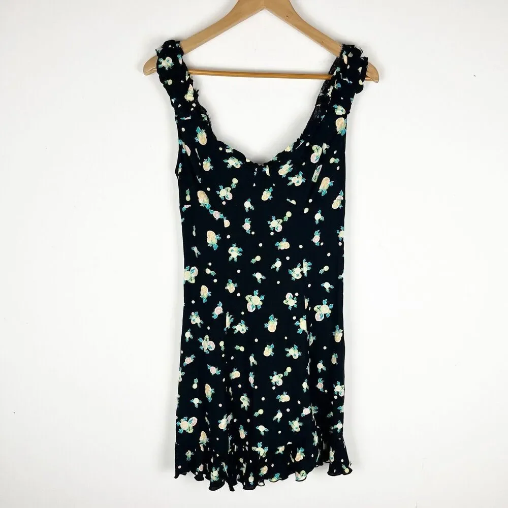 Free People Like A Lady Floral Print Ruffle Trim Mini Dress Black Womens Small​​